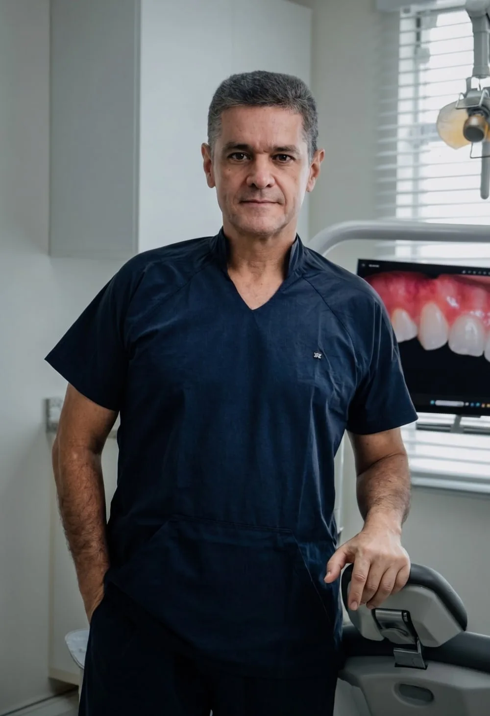 Dr. Eduardo Martins no consultório, ao lado da cadeira de atendimento